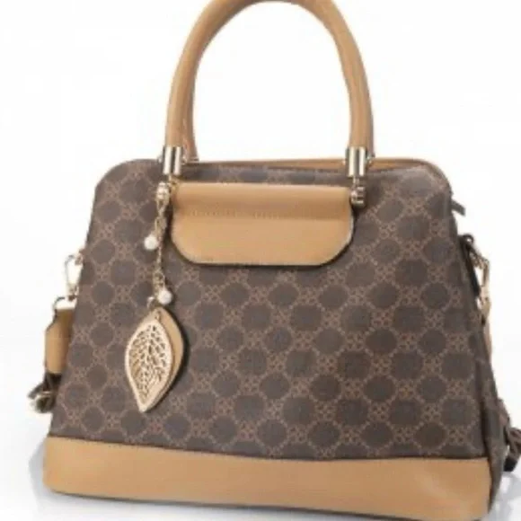 Chic Brown Patterned Satchel with Tan Accents - Picture 4 of 4